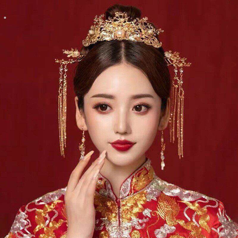 秀禾服新娘中式婚礼简单大气秀禾头饰发簪流苏订婚发饰古装凤冠女