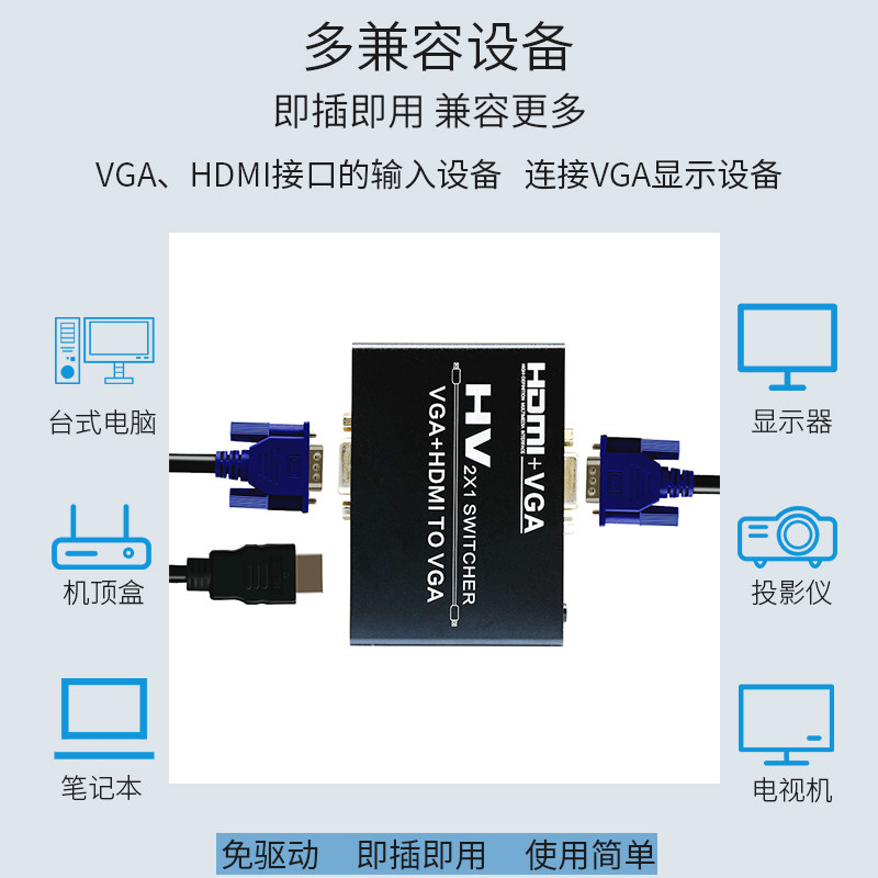 HDMI切换器2进1出转VGA混合二合一笔记本电脑监控接电视显示分配图片