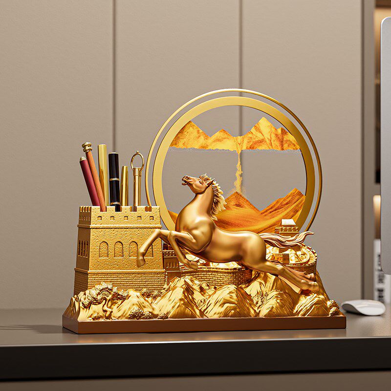 马到成功笔筒摆件创意解压流沙画 画沙漏办公室装饰品书桌高档装