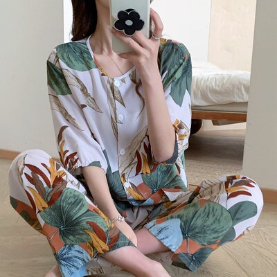 棉绸睡衣女夏短袖长裤人造棉妈妈家居服绵绸中袖套装大码薄小个子