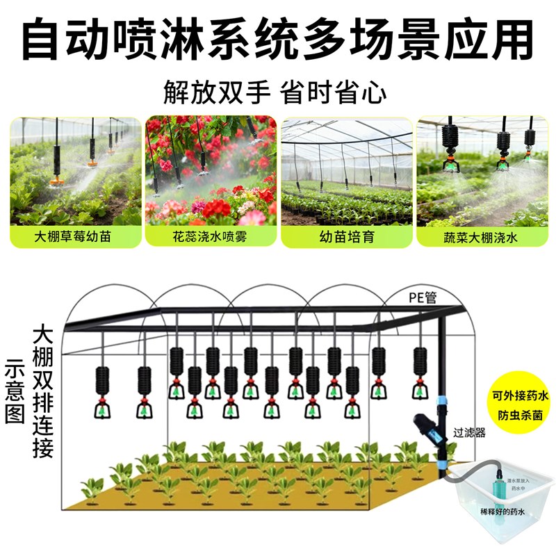 大棚吊喷全套旋转微喷倒挂自动浇水大喷头喷雾化温室加湿喷淋系统