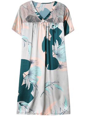 冰丝睡裙中年女士夏季中老年妈妈加大码仿真丝绸睡衣连衣裙子夏天