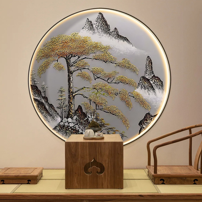 迎客松圆形玄关装饰画新中式高档山水书房茶室高端画墙纸壁纸壁画