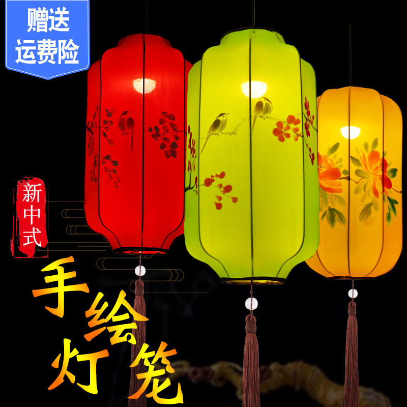中式布艺手绘灯笼仿古典宫灯餐厅茶楼过道创意冬瓜长形布艺吊灯具