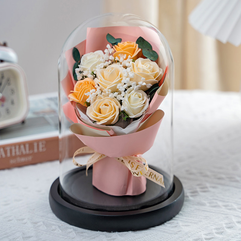 永生玫瑰花玻璃罩摆件 仿真香皂花束生日礼物 7朵红玫瑰教师节送
