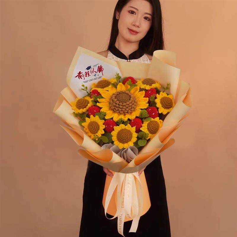 高考花束一举夺魁diy编织毛线毕业花束勾花钩针入门教程玫瑰花