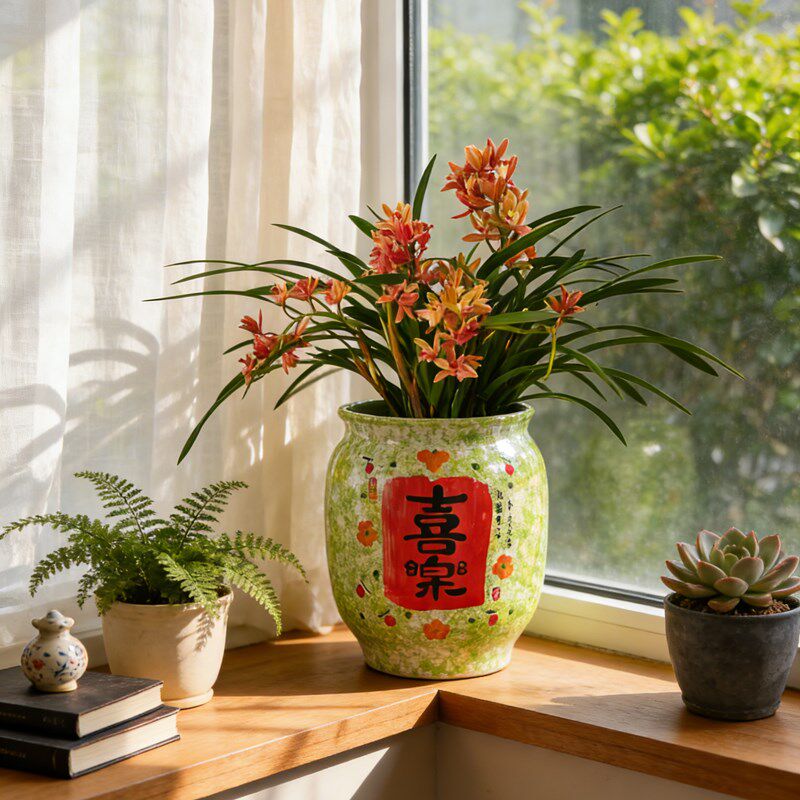 陶瓷花盆大号口径中式新年喜庆摆件家用兰花冬青大花蕙兰专用套盆