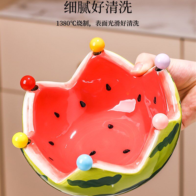 创意西瓜陶瓷水果盘客厅茶几家用高颜值不锈钢果叉套装甜品沙拉碗