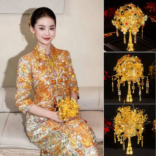 新款中式仿金花朵新娘手捧花新中式风格适配龙凤褂秀禾服婚礼配饰