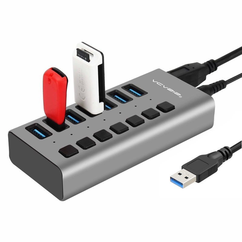 阿卡西斯铝合金USB3.0分线器大功率独立有源充电多口USB集线器7/1