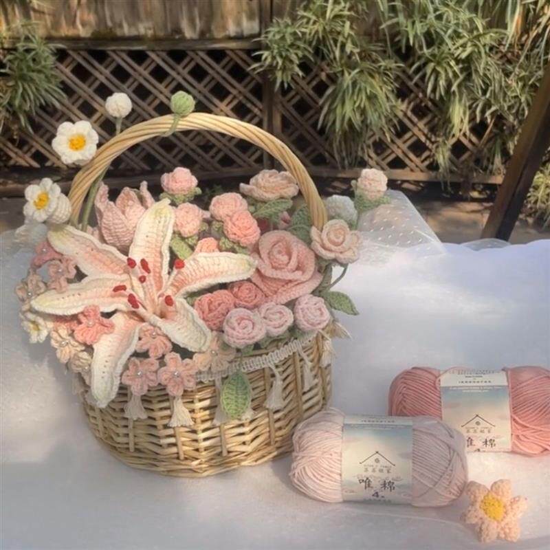 成品手工花束编织向日葵玫瑰仿真花花篮自制钩织摆件送闺蜜女友