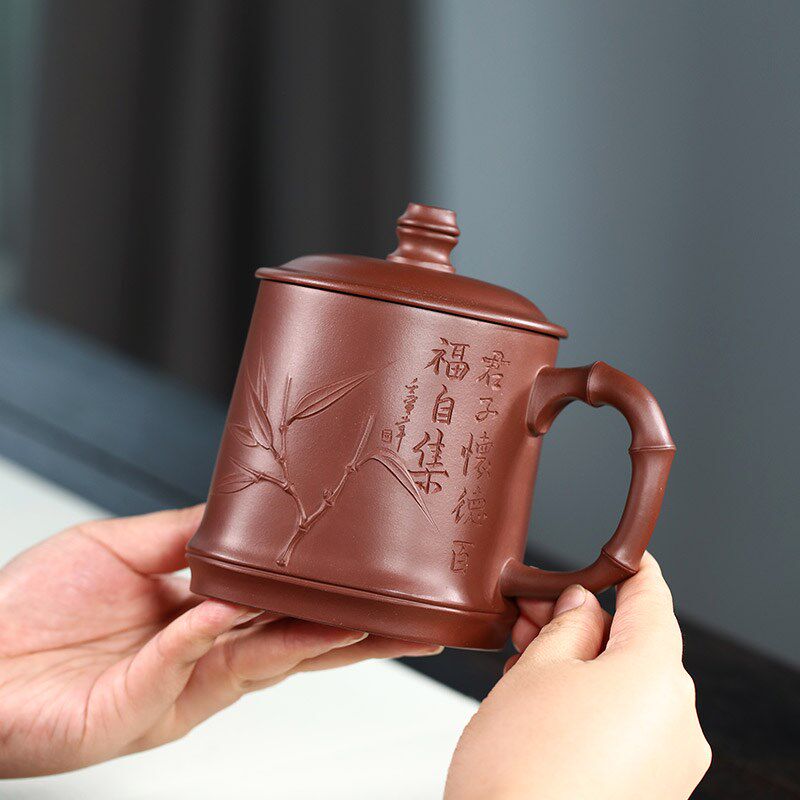 宜兴紫砂杯纯手工竹叶泡茶杯带盖个人专用办公杯茶具竹节福临盖杯