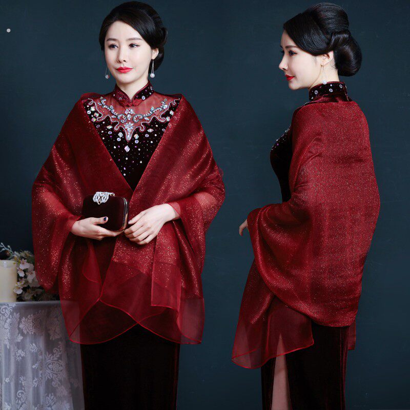 婚礼红色洋气两用围巾长方型丝巾外披婚宴会礼服真丝旗袍外搭披肩