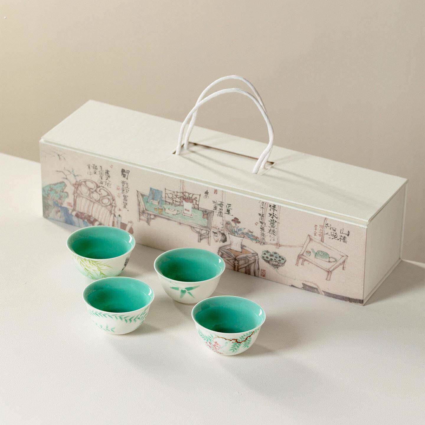 松石绿内釉手绘春日颜值主人杯陶瓷茶杯功夫茶具杯子礼盒装