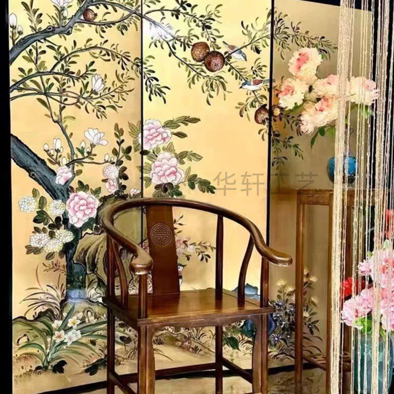 定制摄影背景婚礼屏风折屏金箔隔断玄关中古屏风手绘漆画沙发卧室