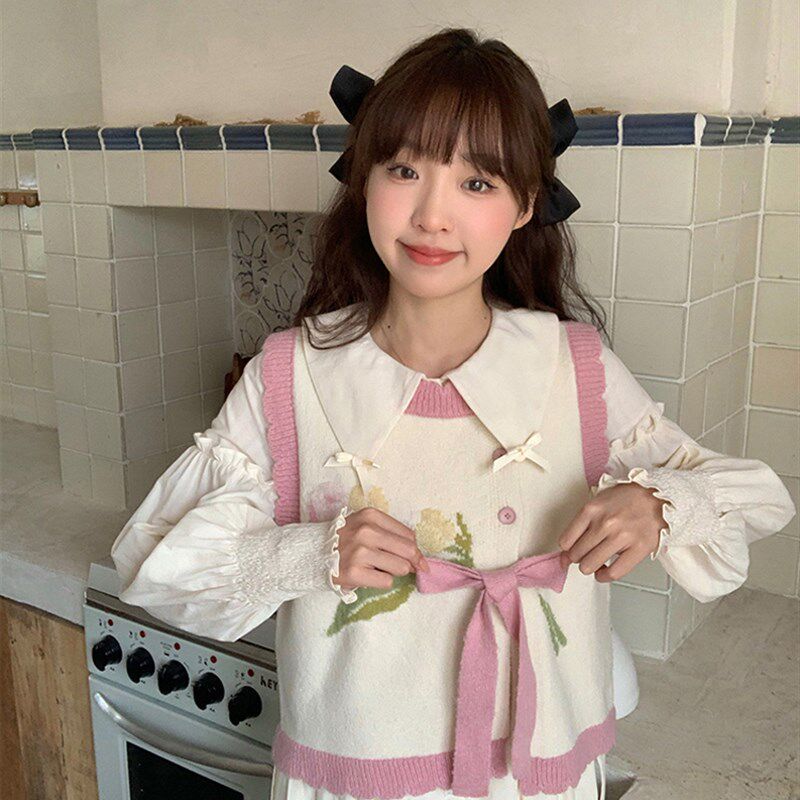 甜美粉色郁金香提花针织开衫马甲女秋季奶系穿搭短款毛衣背心叠穿