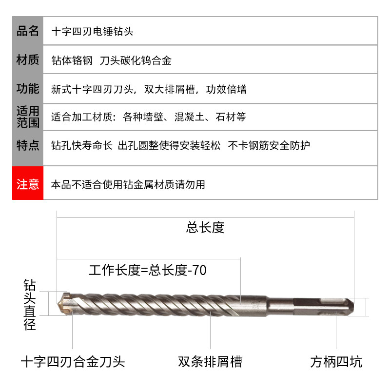 加长十字花方柄四坑电锤钻头70-80公分穿墙植筋水泥钻孔冲击锤头