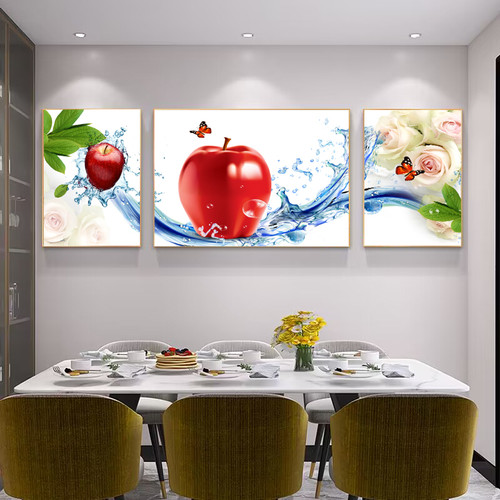 晶瓷镶钻餐厅装饰画三联水果有框画客厅墙挂画饭厅单联金属框壁画