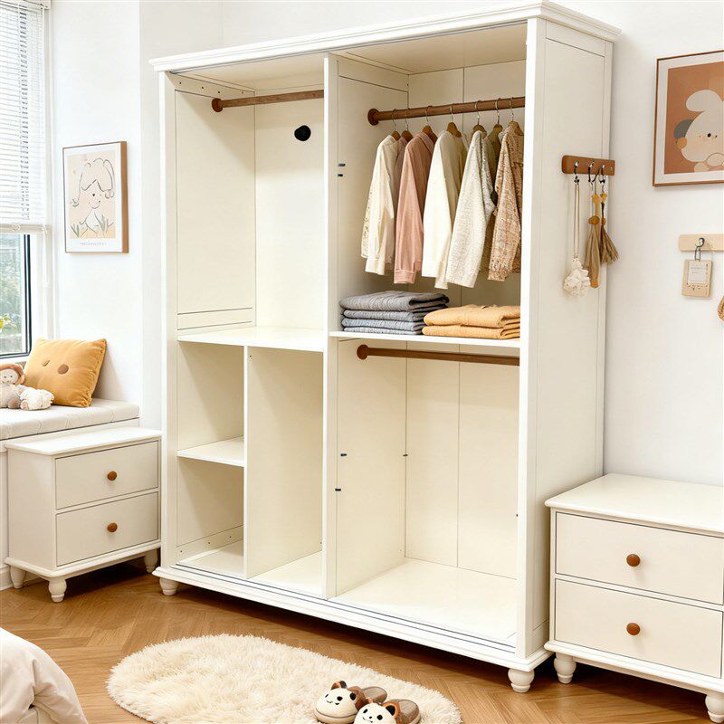 纯实木原木推拉门趟门滑门衣柜女孩樱桃木儿童奶油风白色两门移门