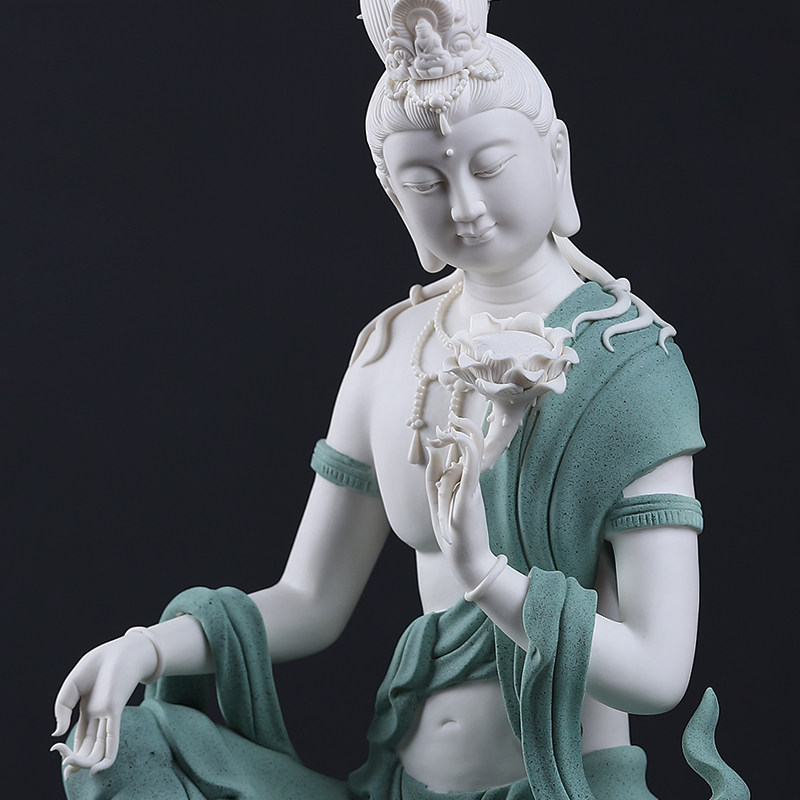 东方泥土陶瓷莲花水月自在观音新中式禅意客厅玄关摆件佛像工艺品