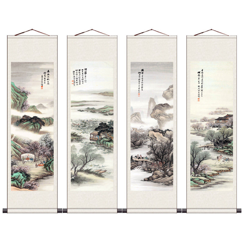 水墨山水挂画招财丝绸挂画四条屏颜伯龙花鸟画字画定制花鸟卷轴画
