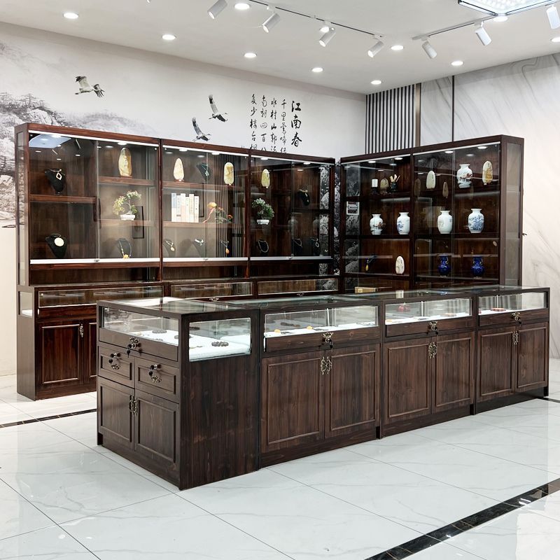 复古实木珠宝展示柜M古玩玉器透明陈列柜首饰蜜蜡饰品玻璃中岛柜