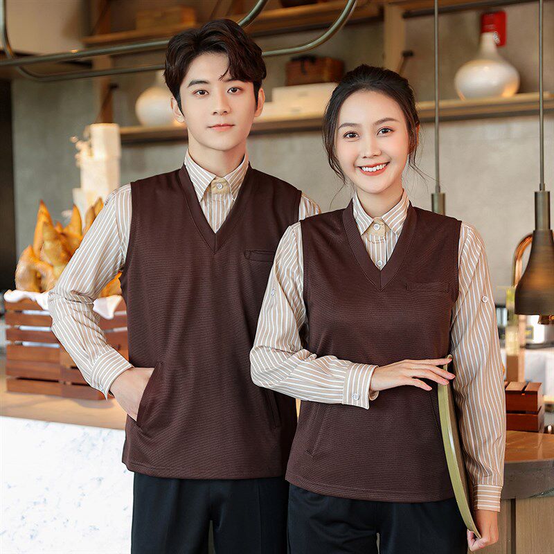 服务员工作服长袖女酒店KTV酒吧马甲衬衫套装西餐厅吧台秋冬装男
