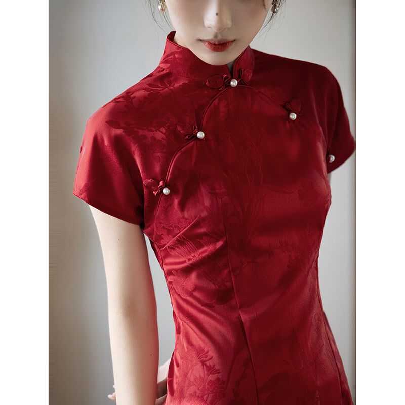 红色披肩旗袍敬酒服新娘夏季结婚回门服提花新中式长款订婚礼服裙