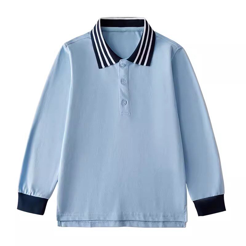 儿童白色polo衫校服男童长袖T恤纯棉女童打底衫浅蓝色学生翻领班