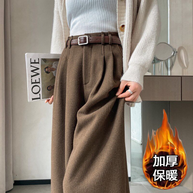 深灰色加绒毛呢阔腿裤女秋冬季新款高级垂感直筒高腰休闲西装裤子