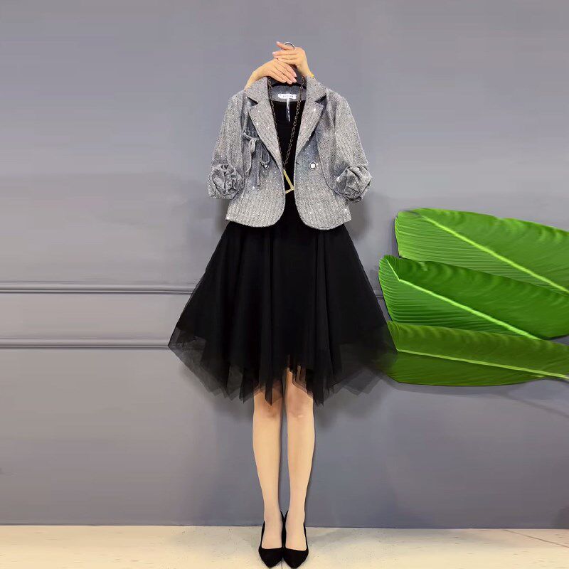 大码女装翻领长袖西服外套网纱裙摆连衣裙胖妹妹秋季款时尚两件套