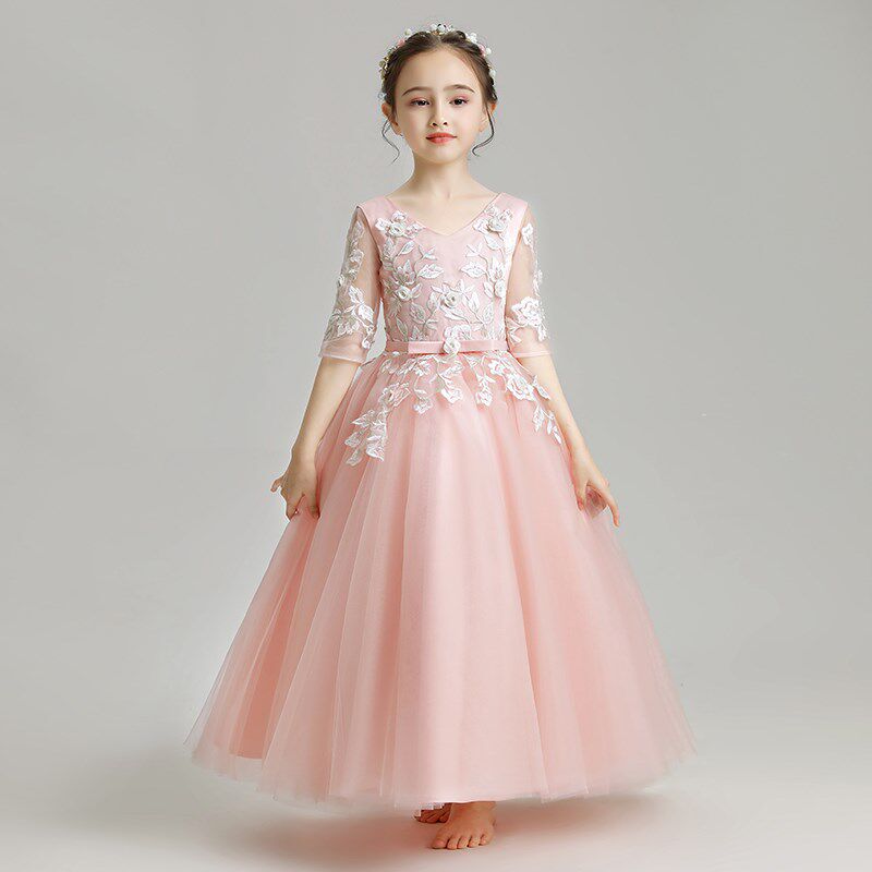 女童晚礼服公主裙儿童婚纱中袖蓬蓬纱小孩花童主持人绑带粉色秋冬