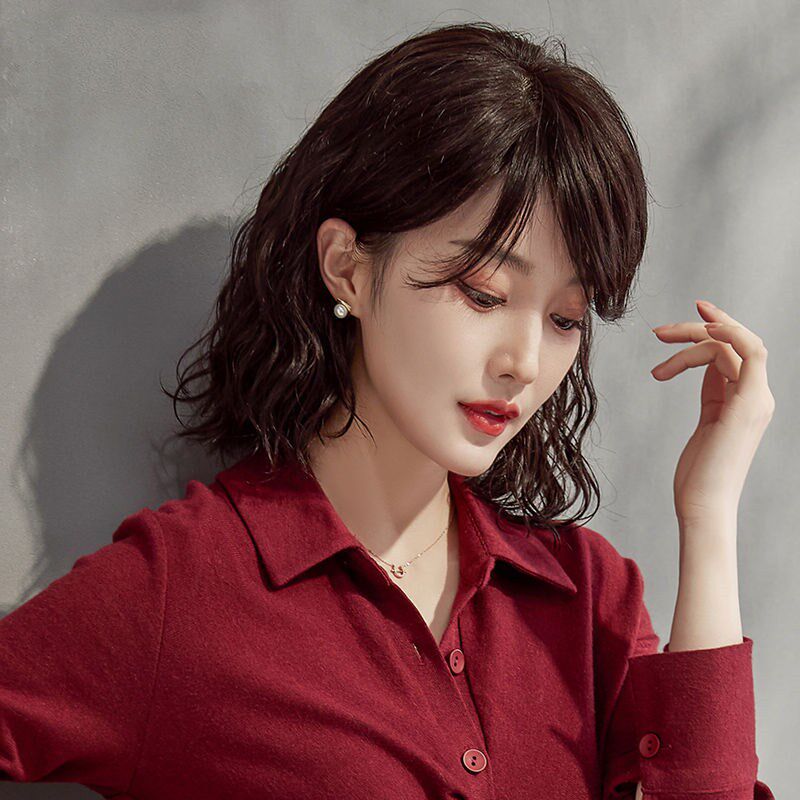 假发女中长发齐肩锁骨发真发自然斜刘海中年短卷发真人发全头套式