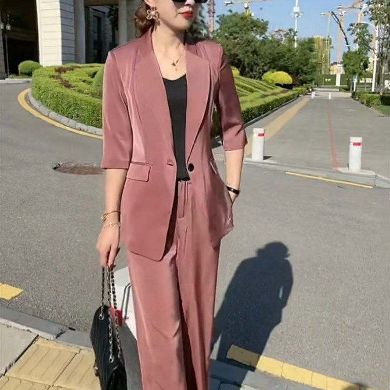 2021秋季气质修身显瘦五分袖西服上衣直筒裤网红小西服套装早秋款