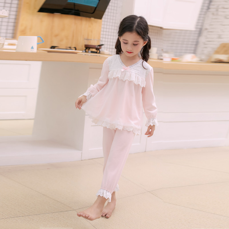 秋季宫廷风女童睡衣纯棉套装儿童公主风亲子母女保暖女大童家居服