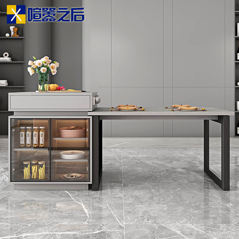 轻奢岩板餐桌岛台一体开放式厨房中岛台料理台茶桌吧台单独8E35