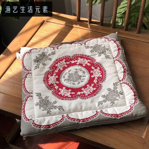 坐垫双面 餐椅垫飘窗榻榻米沙发垫 布络中式手工纯棉布艺富贵牡丹