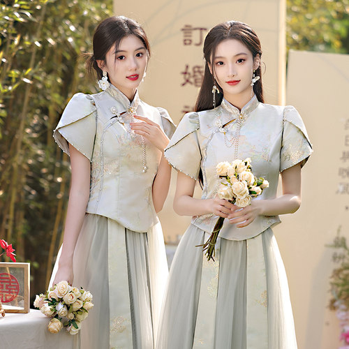 中式伴娘服女2024新款秋冬小个子显瘦高级感姐妹团伴娘裙旗袍礼服