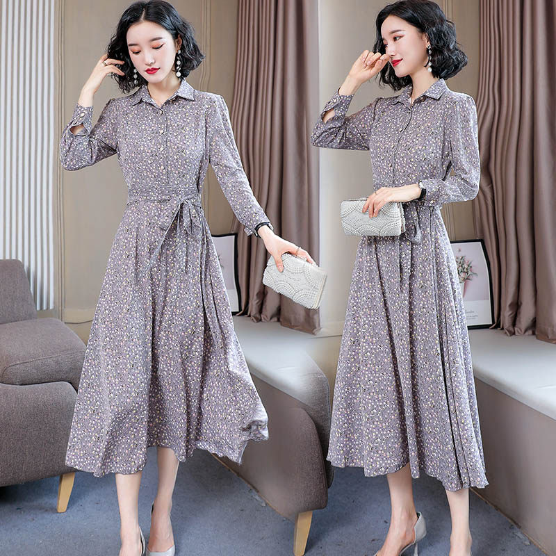 长袖雪纺连衣裙女秋冬装显瘦收腰绑带气质长款大码方领碎花衬衫裙