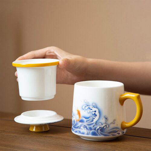 海浪办公杯中国白茶杯带过滤三件套带手柄带盖马克杯家用茶水分离