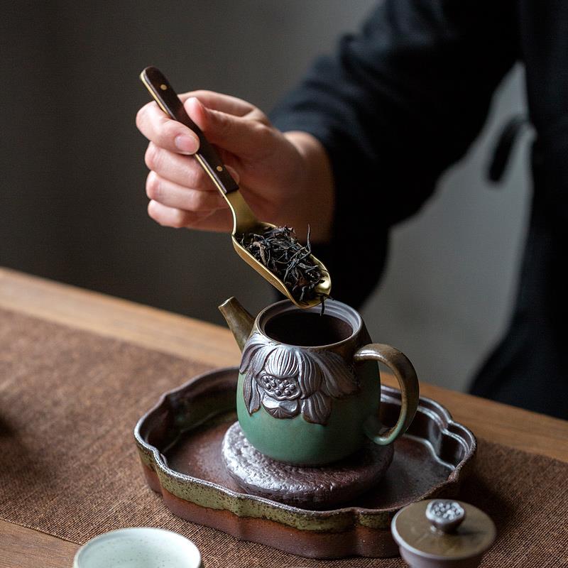 碌心  粗陶窑变茶艺茶道六君子套装 黑檀木黄铜杯叉茶夹茶勺茶针
