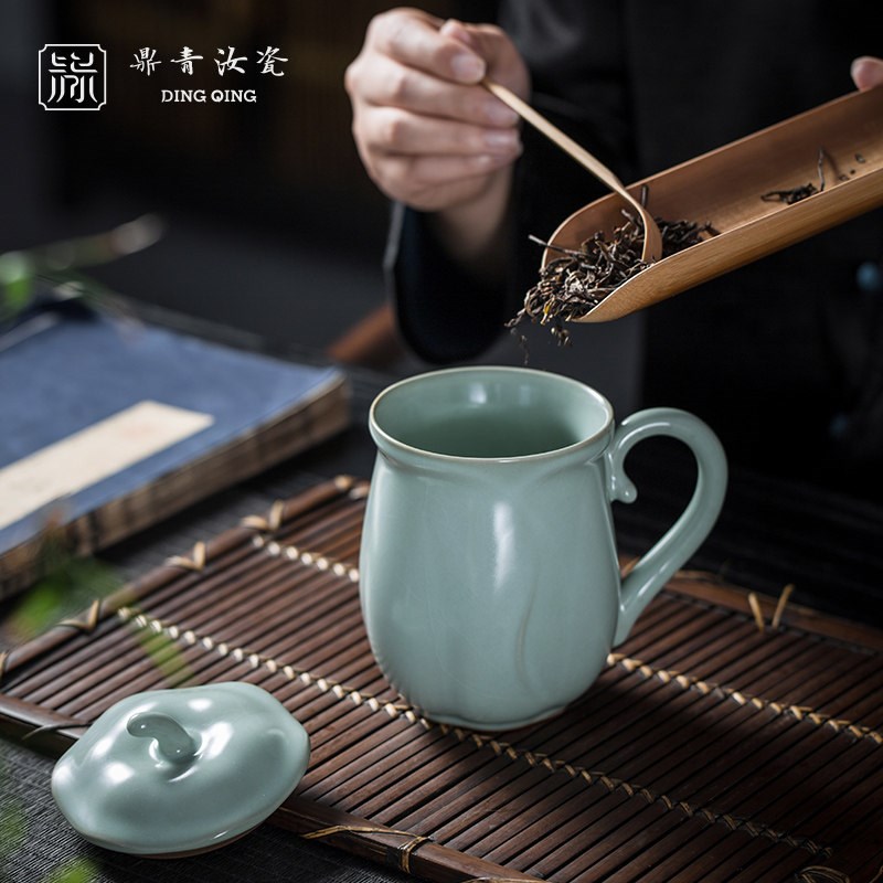 问鼎汝窑老板杯办公杯景德镇陶瓷杯带盖手工茶杯开片可养家用水杯