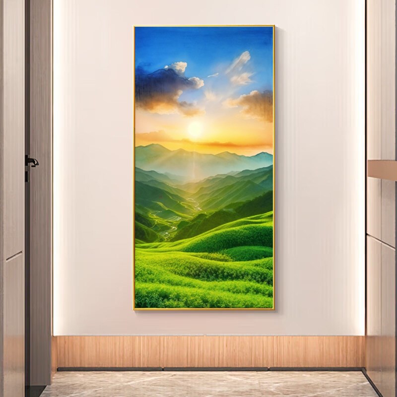 日出东方山水挂画客厅玄关过道装饰画青山绿水图大靠山背景墙壁画