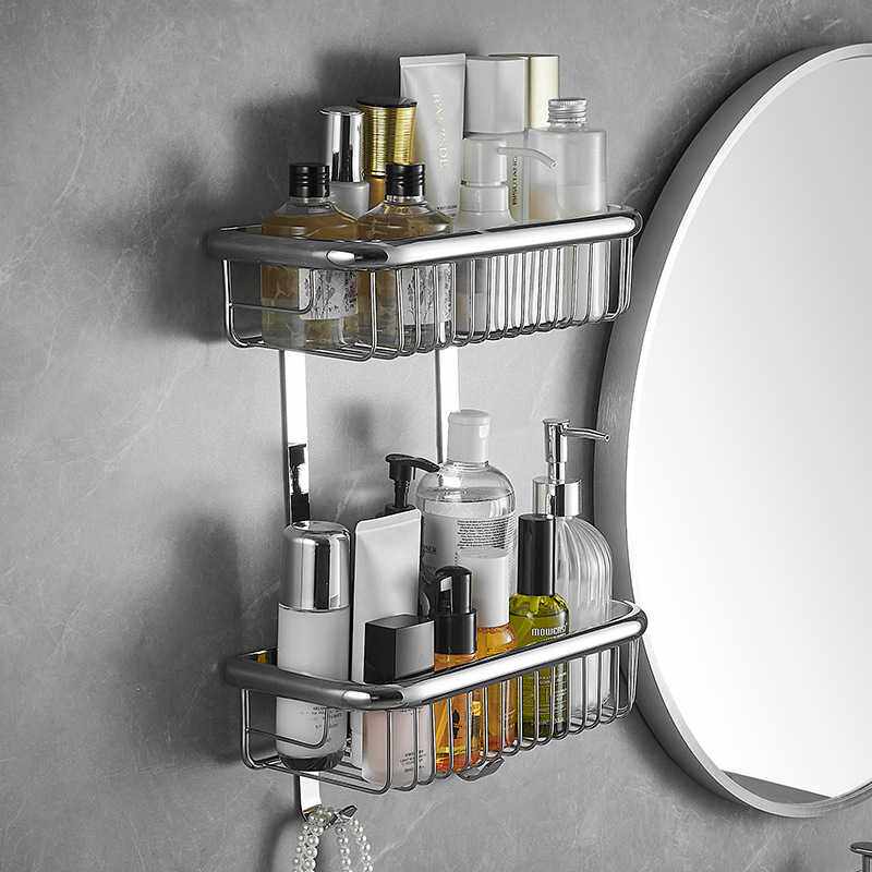 全铜浴室四方蓝置物架淋浴房洗澡间壁挂双层网篮三角篮子壁挂式