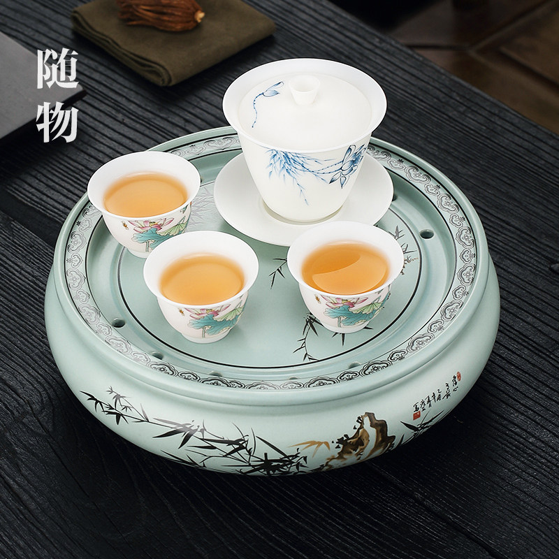 汝窑陶瓷茶盘储水式功夫茶海大号圆形干泡茶船家用茶台茶具茶托盘