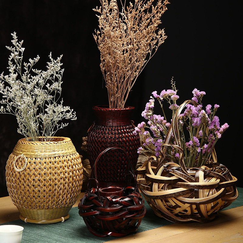 竹编花器手工编织摆件客厅竹花瓶花器禅意中式日式插花器皿花艺篮