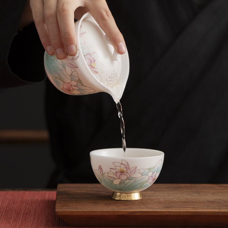唐舍国风冰种玉瓷荷花快客杯一壶三杯旅行茶具套装户外便携泡茶壶