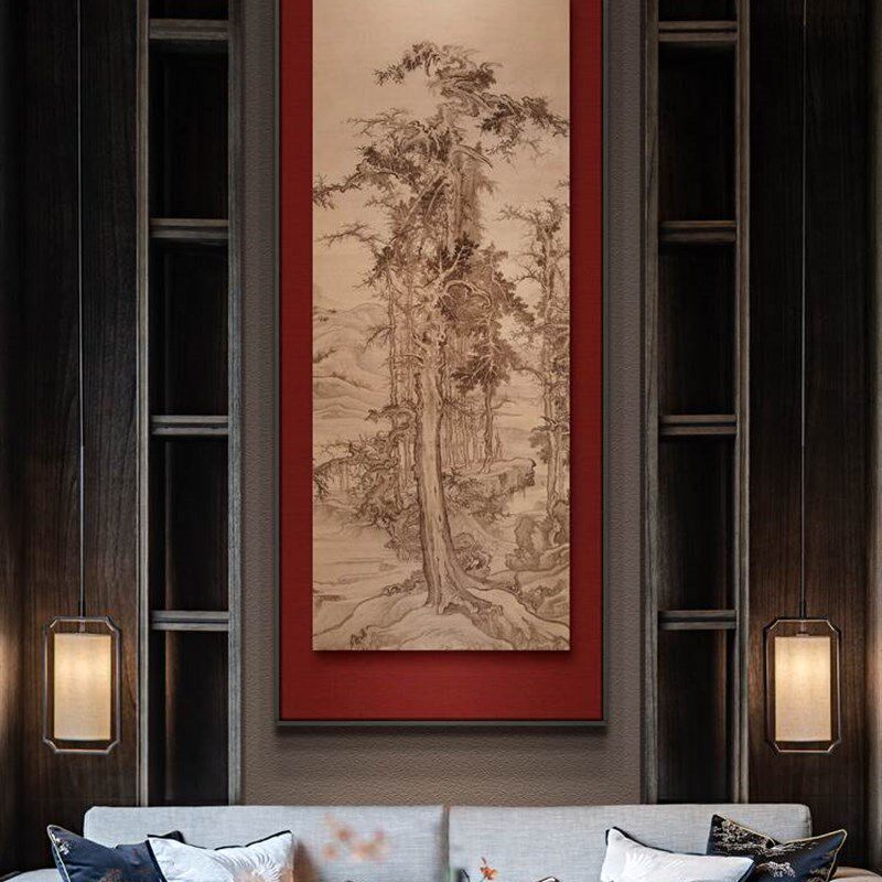 新中式客厅沙发背景墙挂画茶室竖款大幅装饰画办公室酒店风景壁画