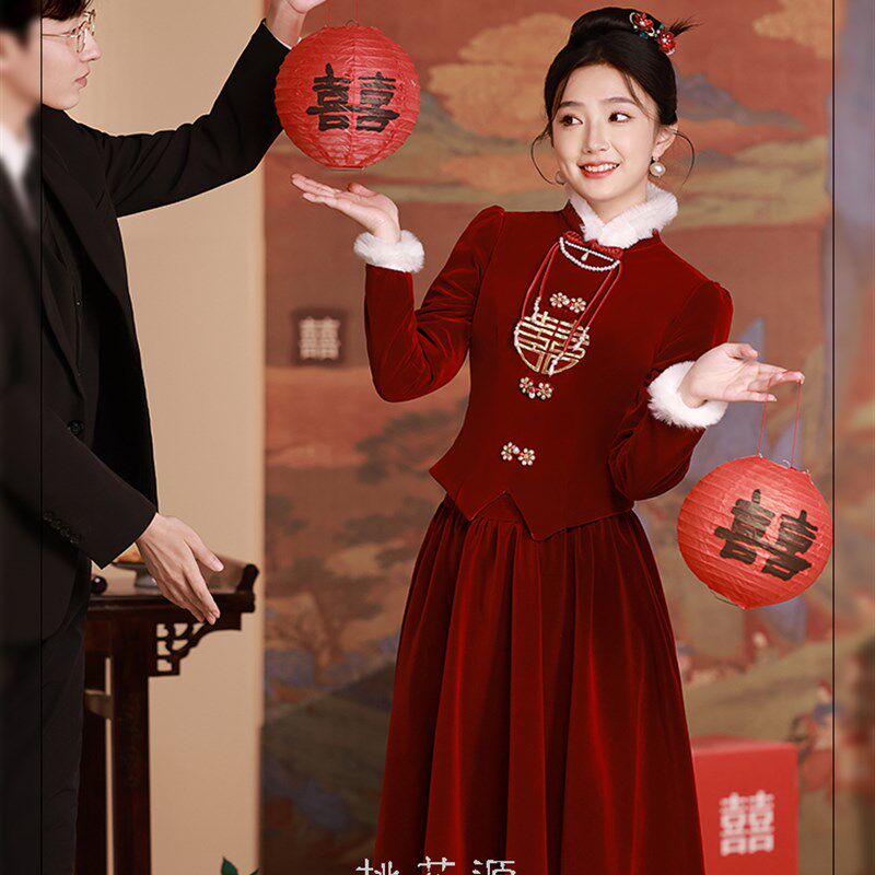 旗袍敬酒服新娘2023新款秋冬加厚加绒酒红色长袖订婚结婚回门礼服