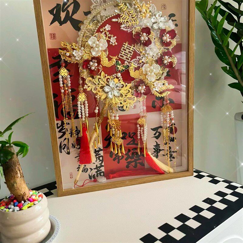 新娘团扇装裱立体画框中空干花相框扇子装饰画中式收纳礼盒防褪色